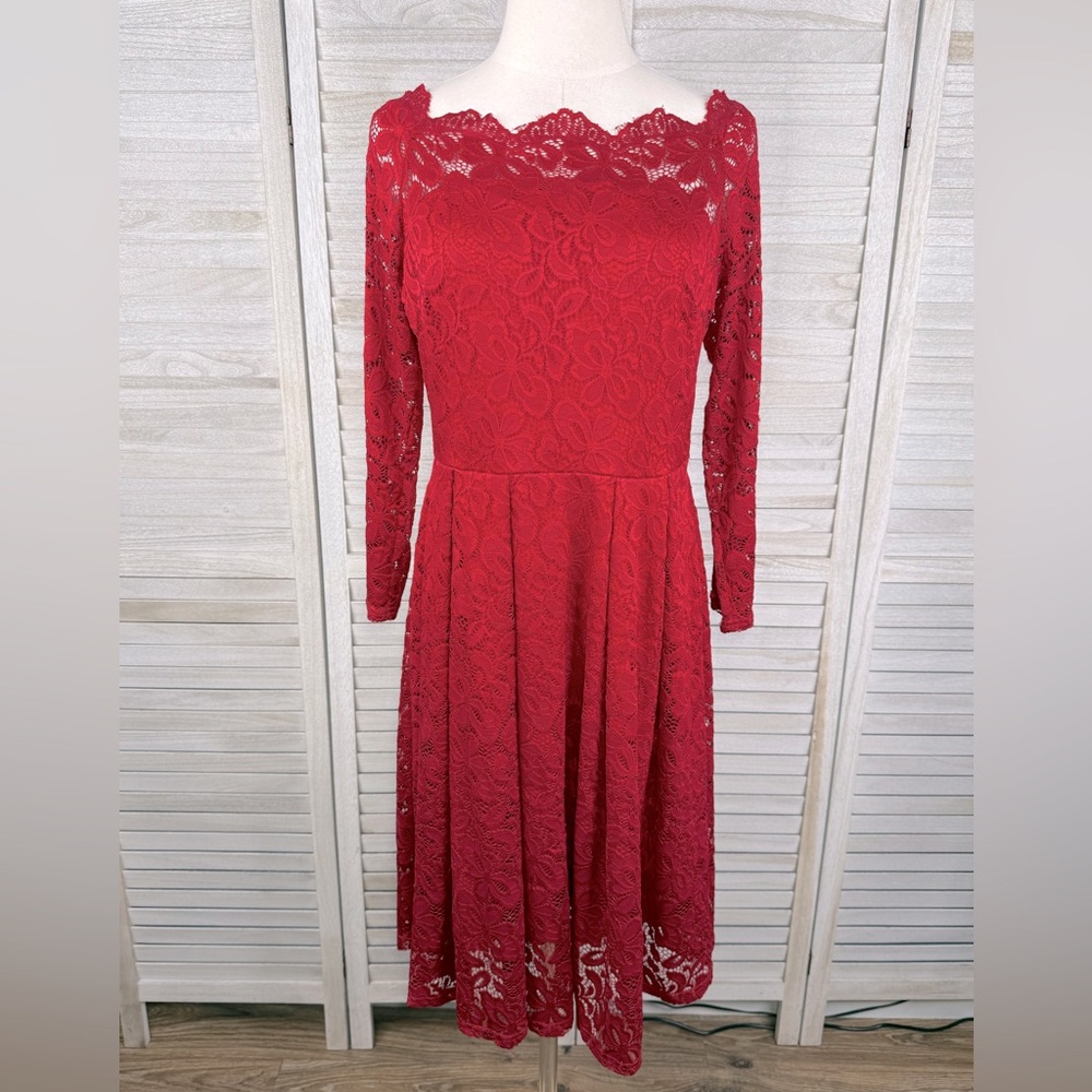 MISSMAY (Retro Gorgeous City) Red Pleated Lace 3/4 Sleeve Midi Dress-Large